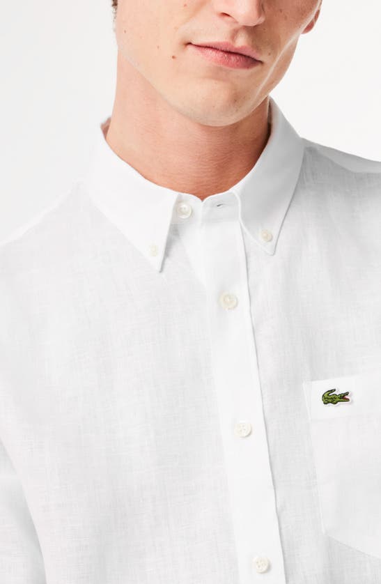 Shop Lacoste Regular Fit Linen Button-down Shirt In White