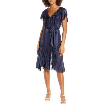 Elizabeth Crosby Tonal Stripe Ruffle Cocktail Dress, Blue
