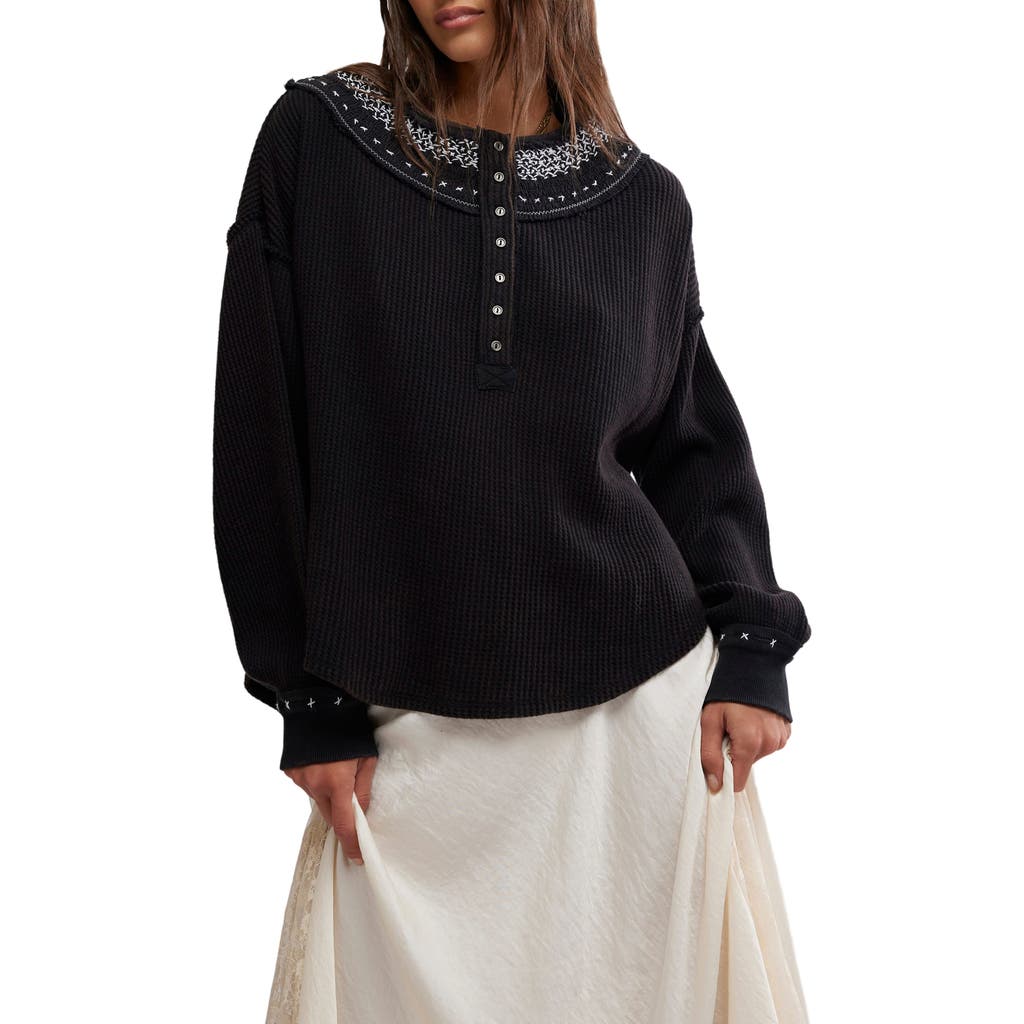 Free People Holly Embroidered Henley in Black Combo