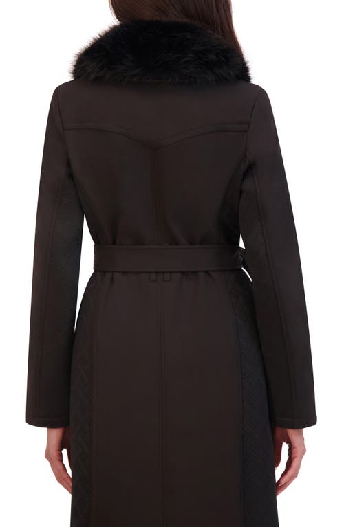 Kenneth Cole New York Belted Softshell Longline Coat With Faux Fur Trim In Black