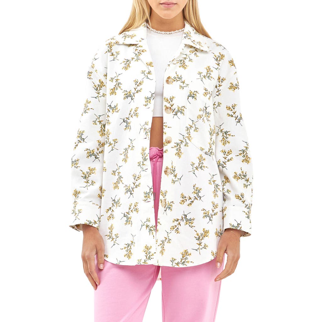 English Factory Floral Print Oversize Shirt Jacket In White Multi