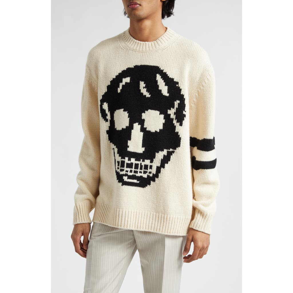 Alexander Mcqueen Skull Intarsia Wool & Cashmere Crewneck Sweater In Cream/black