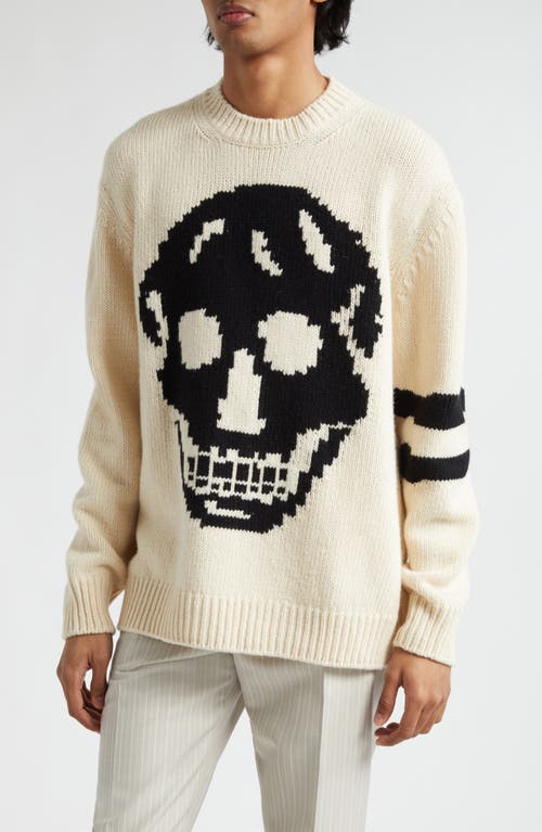 Alexander McQueen Skull Intarsia Wool & Cashmere Crewneck Sweater Cream/Black at Nordstrom,