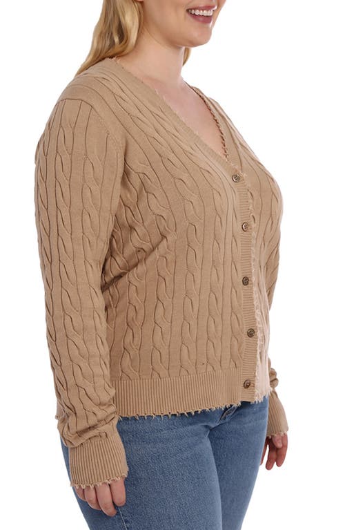 Shop Minnie Rose Frayed V-neck Cable Knit Cotton Cardigan In Brown Sugar