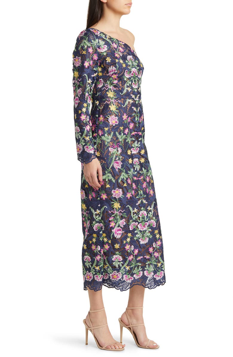 Marchesa Notte Floral Embroidered Long Sleeve One-Shoulder Dress ...