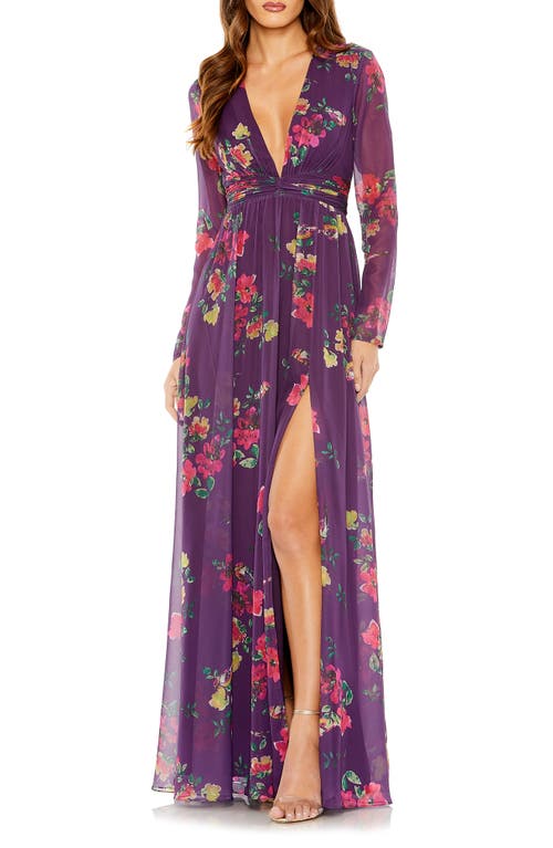 Ieena for Mac Duggal Floral Plunge Neck Long Sleeve Gown Purple Multi at Nordstrom,