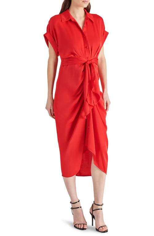 Shop Steve Madden Tori Tie Waist Satin Midi Shirtdress In Red