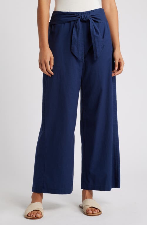 Shop Beachlunchlounge Florencia Tie Waist Wide Leg Cotton & Linen Pants In Midnight Mirage