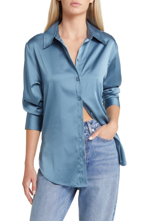  Other Stories Bell Sleeve Button-Up Blouse in Blue at Nordstrom, Size Large