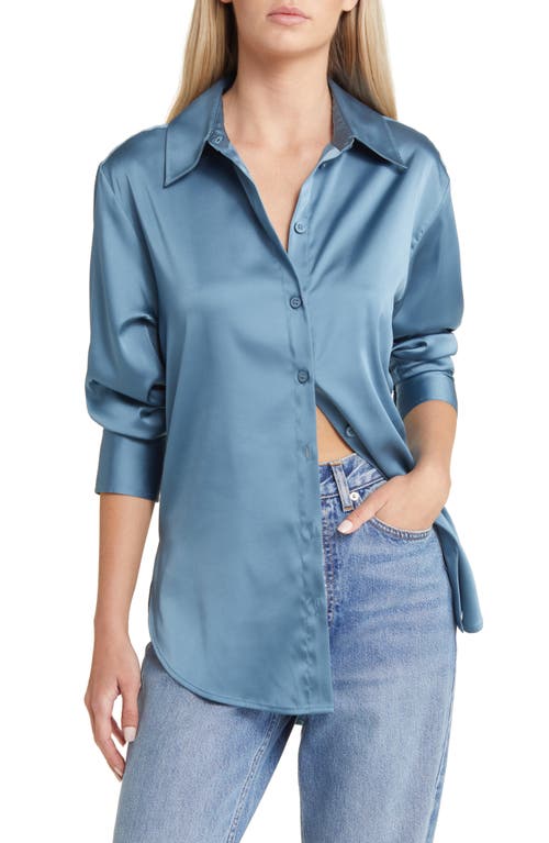 Satin Button-Up Shirt in Blue Stone