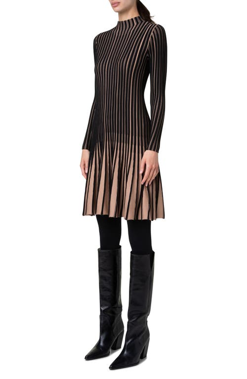 Akris Punto Stripe Long Sleeve Merino Wool Rib Sweater Dress In Black-caramel