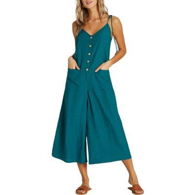 Billabong Tied Up Wide Leg Crop Jumpsuit, Blue/green