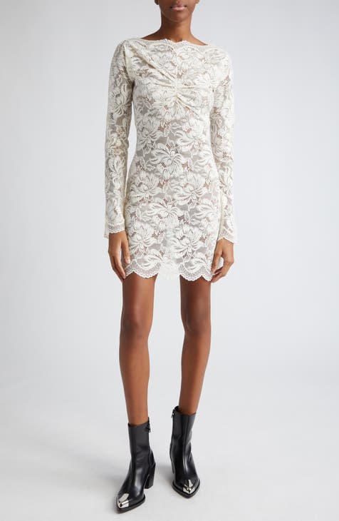Ruched Long Sleeve Sheer Stretch Lace Minidress