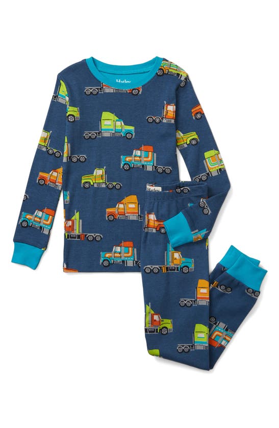 Hatley Kids' Big Rig Fitted Two-piece Cotton Pajamas In Ensign Blue