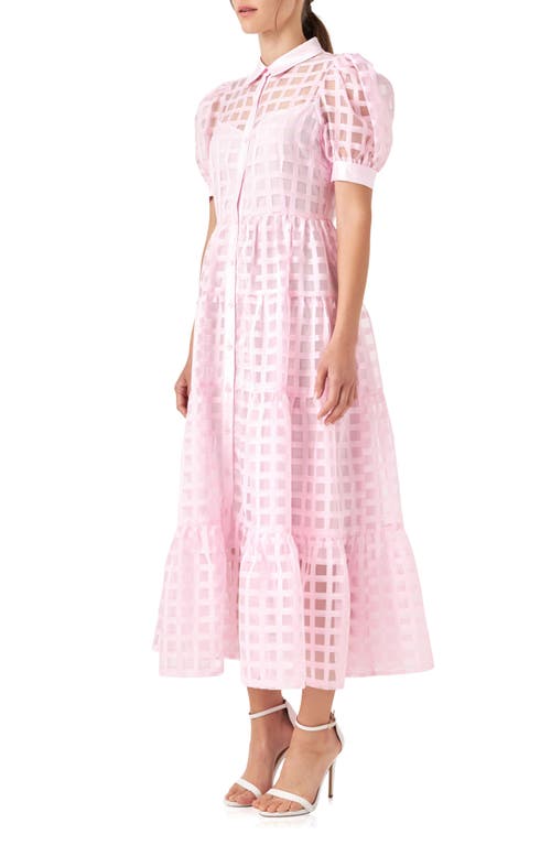 Shop English Factory Grid Pattern Tiered Midi Shirtdress In Baby Pink