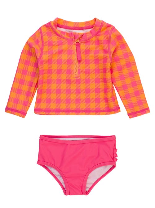 Shop Rufflebutts Girls Upf50+ Long Sleeve Zipper Rash Guard 2-piece In Sunset Sorbet Gingham