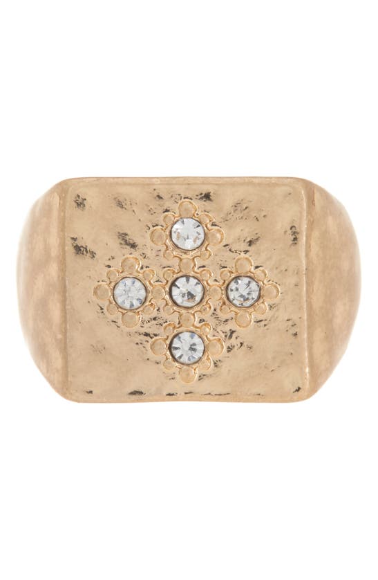 Melrose And Market Inset Crystal Hammered Signet Ring In Clear- Gold