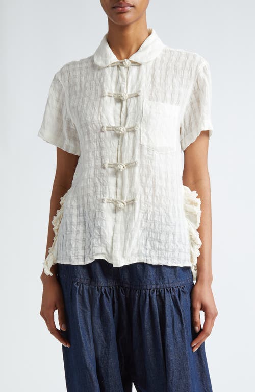 Bow Detail Linen & Cupro Short Sleeve Button-Up Shirt in White X Natural