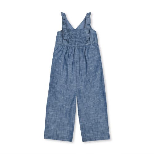 Shop Hope & Henry Baby Girls' Organic Ruffle Neck Jumpsuit, Infant In Chambray