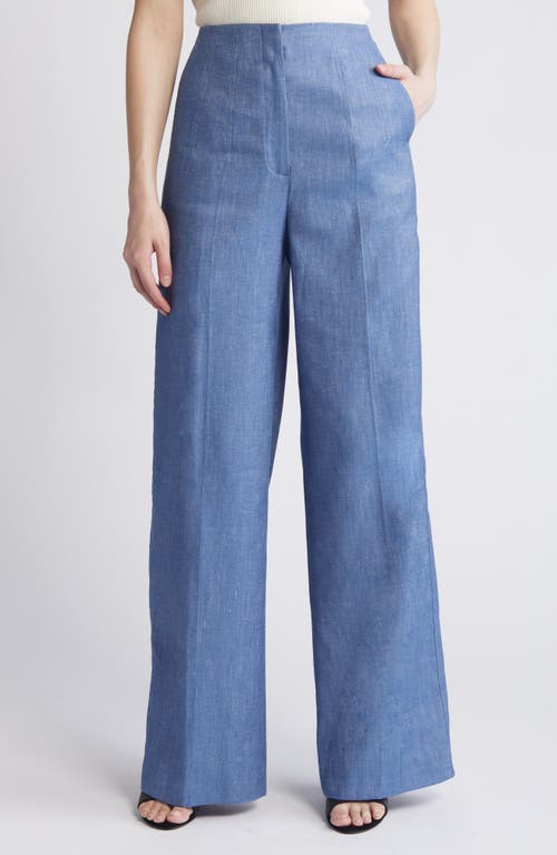 Hugo Boss Boss Tasena Hollywood Waist Linen & Cotton Wide Leg Pants In Blue