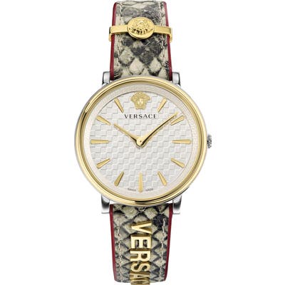 Versace V Circle Logo Snakeskin Leather Strap Watch,