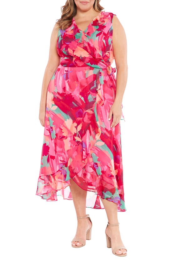 London Times Floral Ruffle Sleeveless Faux Wrap Maxi Dress In Pink Multi