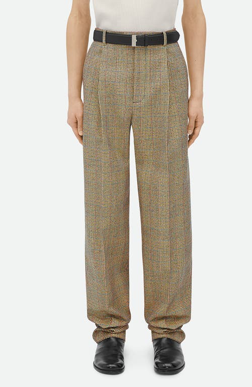 Shop Bottega Veneta Distorted Prince Of Wales Plaid Wool Blend Pants In 1487 Beige/yellow/blue