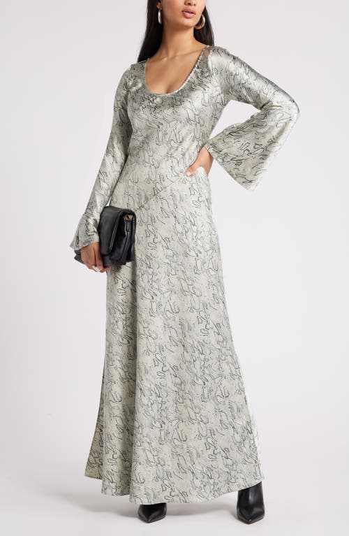 Shop Open Edit Long Sleeve Bias Cut Satin Maxi Dress In Green- Ivory Morph Snake