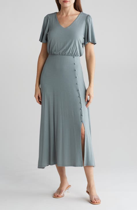 Button Trim Stretch Knit Maxi Dress