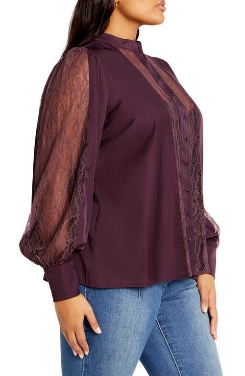 Shop City Chic Georgia Lace Inset Sateen Button-up Shirt In Dusty Mauve