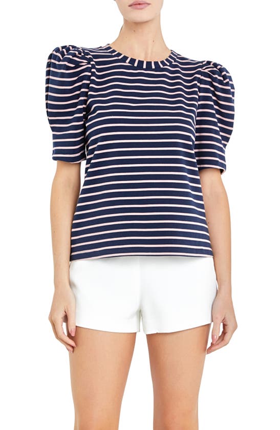 Shop English Factory Stripe Puff Sleeve Top In Navy/ Pink