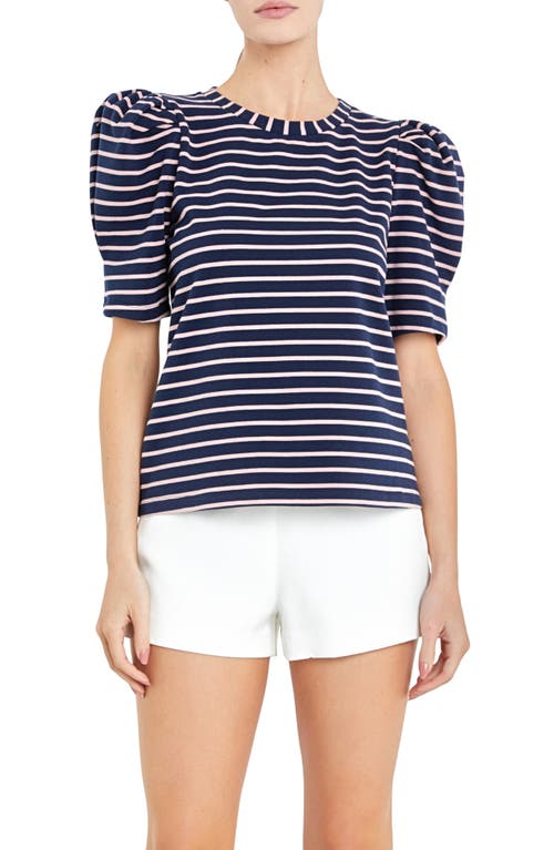 Shop English Factory Stripe Puff Sleeve Top In Navy/pink