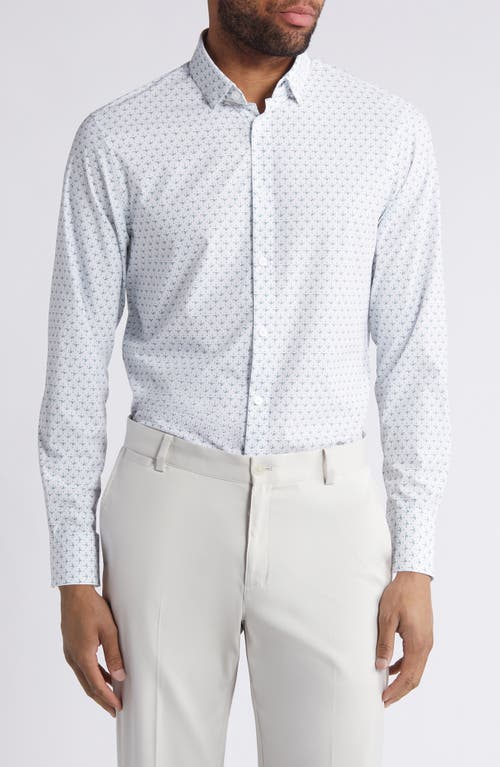 Shop Mizzen + Main Mizzen+main Leeward Trim Fit No Tuck Print Performance Button-up Shirt In Sea Spray Dotted Leaves