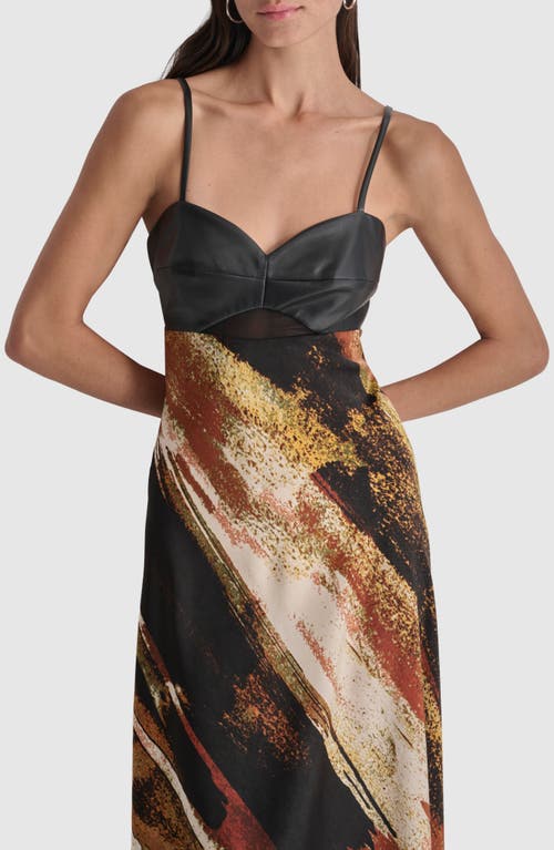 Shop Dkny Print Faux Leather Trim Maxi Dress In Black/paint Stroke