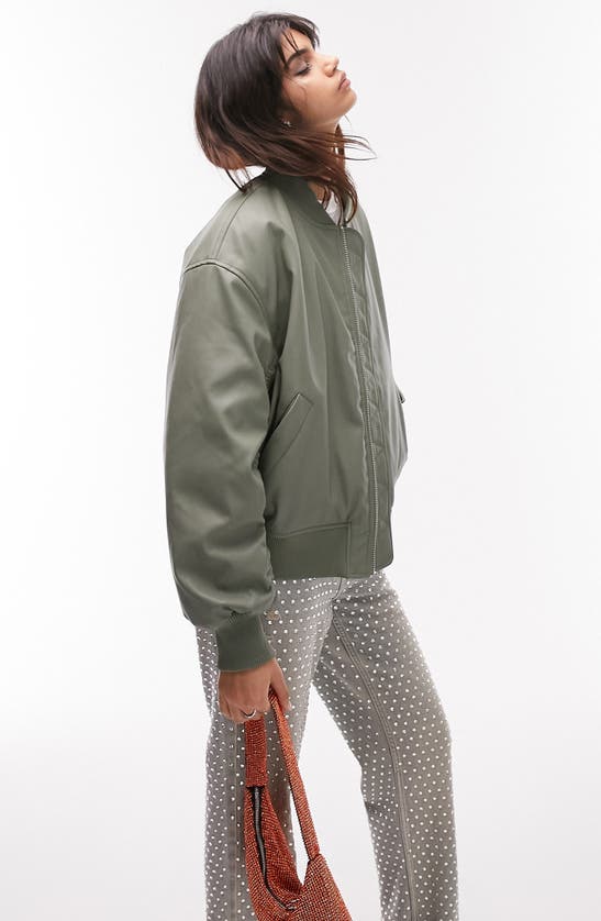 Topshop Faux Leather Cropped Bomber Jacket In Green