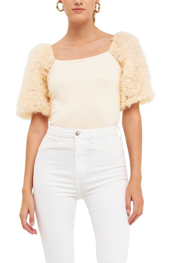 Shop Endless Rose Tulle Puff Sleeve Blouse In Ivory