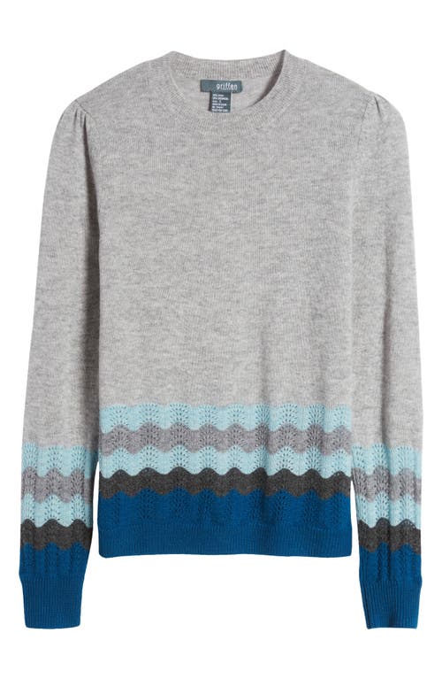 Shop Griffen Pointelle Border Wool & Cashmere Crewneck Sweater In Light Grey Teal Combo