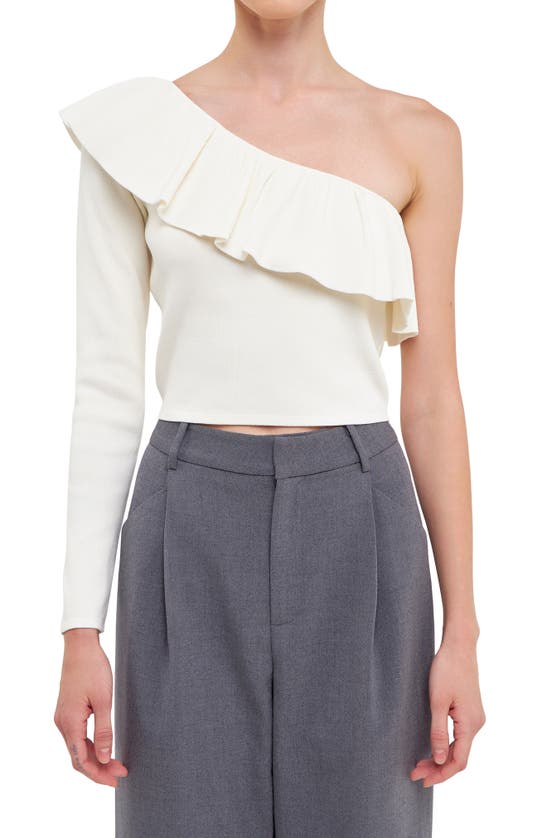 Endless Rose One-shoulder Ruffle Rib Knit Top In White