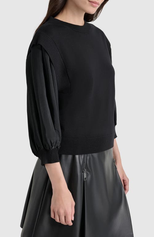 Shop Dkny Mixed Media Layered Crewneck Sweater In Black/black