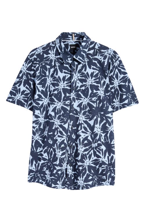 BOSS Roan Ken Floral Short Sleeve Cotton Button-Up Shirt Dark Blue at Nordstrom,