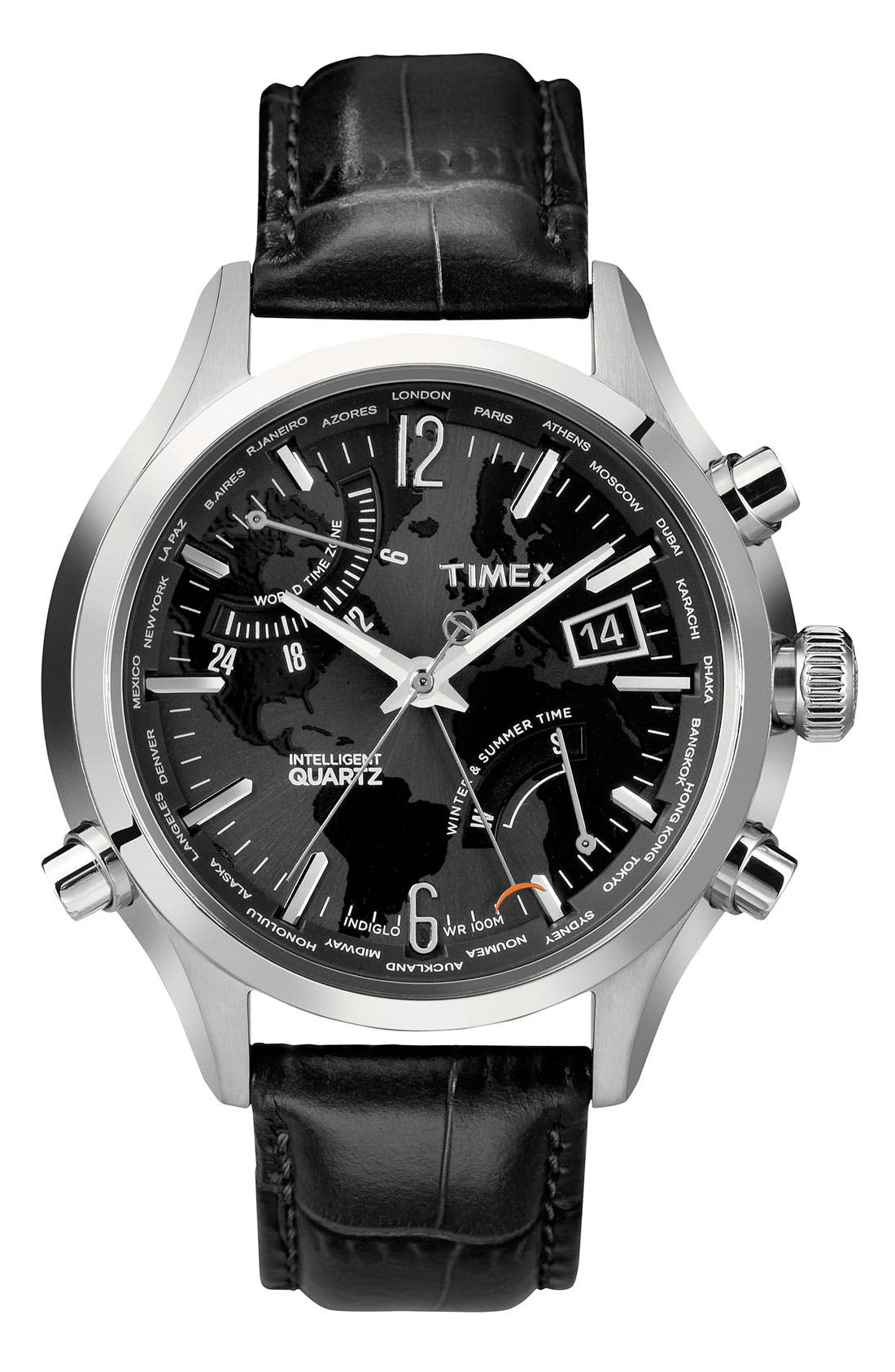 Timex® 'Intelligent Quartz' World Time Leather Strap Watch, 44mm