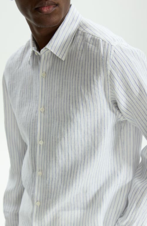 Shop Theory Irving Pinstripe Linen Button-up Shirt In White/ocean