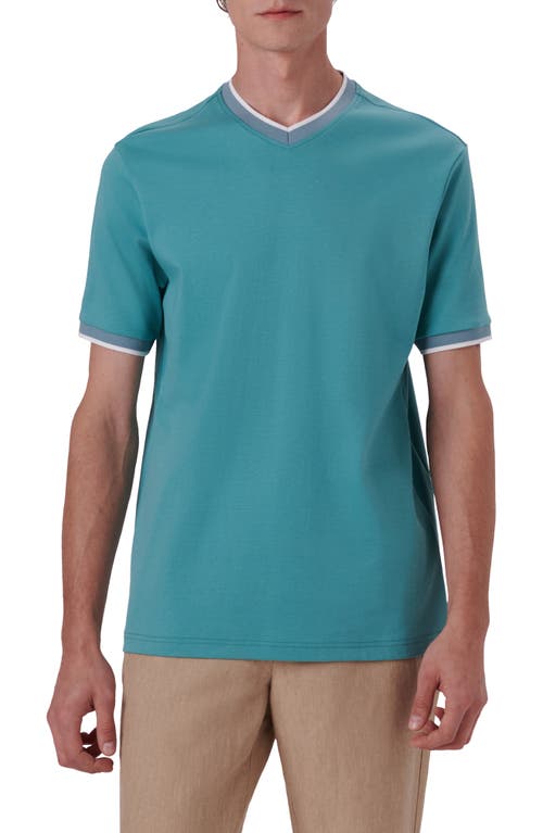 Bugatchi Tipped V-Neck Cotton T-Shirt in Peacock