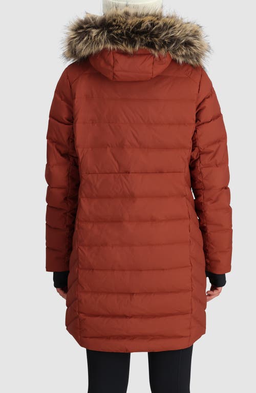 Shop Outdoor Research Coze Lux 700 Fill Power Down Parka With Faux Fur Trim Hood In Brick