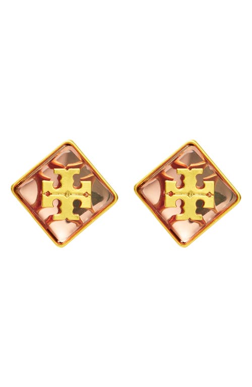 Tory Burch Resin Logo Stud Earrings in Rolled Gold /Pink at Nordstrom