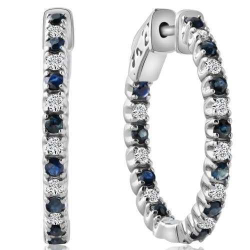 Bliss Diamond 1.25ct Diamond & Blue Sapphire Inside Outside Hoops 14k Gold Lab Grown In 14k White Gold
