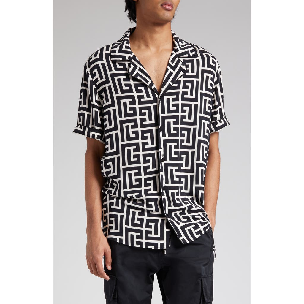 Balmain Macro Monogram Short Sleeve Pajama Shirt In Ivory/black