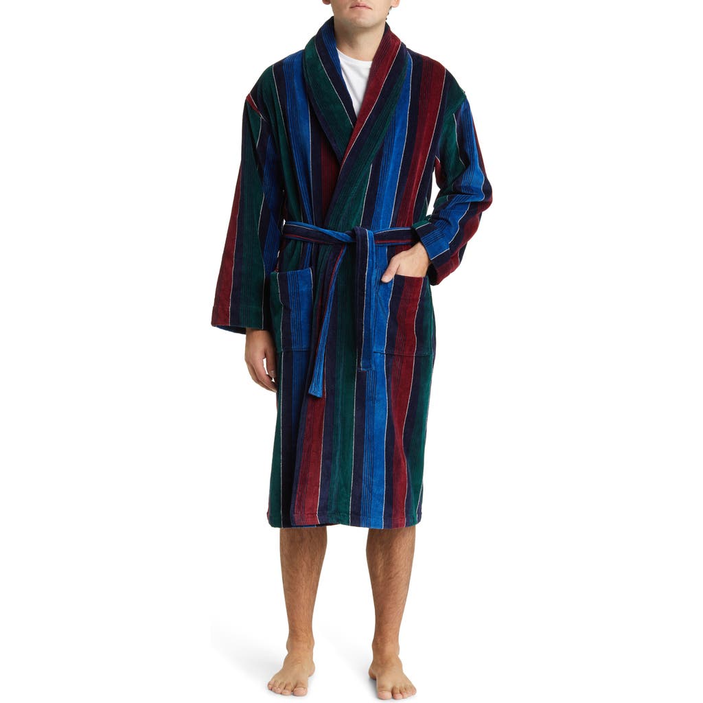 Majestic International Statement Stripes Shawl Collar Terry Cloth Dressing Gown In Navy/green