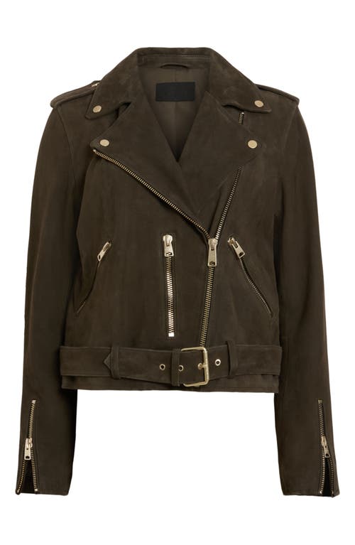 Allsaints Balfern Belted Suede Biker Jacket In Tarmac Green