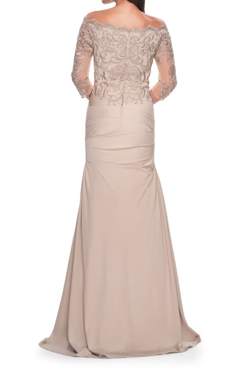 La Femme Satin Mermaid Gown With Off The Shoulder Lace Bodice In Light Gold